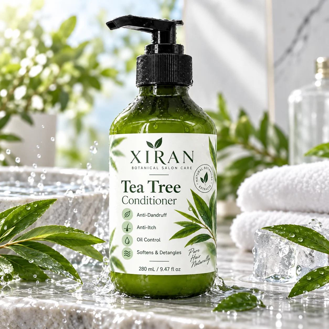 Green bottle of Xiran tea tree conditioner with pump, surrounded by water droplets, tea tree leaves, and towels in a bright natural setting.